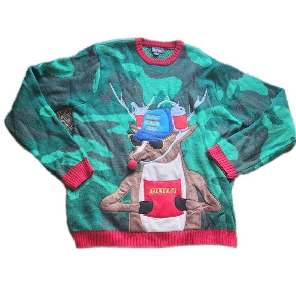 Sweater Mens XXL Ugly Christmas Brewdolph Rudolph Santa Drinking Camo 2XL Blizz - Picture 1 of 9